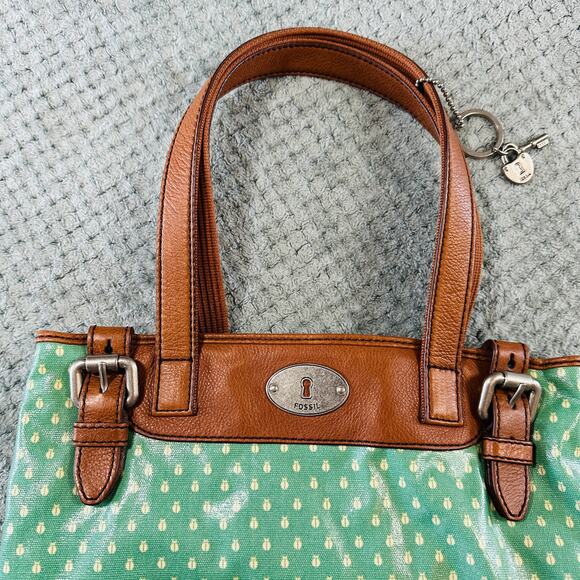 VINTAGE FOSSIL KEY PER JADE GREEN COATED CANVAS LEATHER TOTE BAG & WALLET - Picture 2 of 6